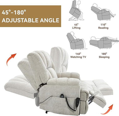 Power Lift Recliner Chair for Elderly, Oversized Chenille Electric Recliners Chairs for Living Room, Dual Motor 180° Lay Flat Recliner Big Sofa with Massage and Heating, Heavy-Duty, Beige