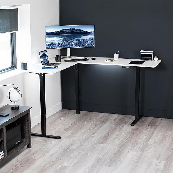 VIVO Corner Standing Desk, 75 x 63 inch Reversible L-Shaped Workstation, Electric Height Adjustment, Home, Office, and Reception Rooms, White Table Top Black Frame, DESK-E3CTBW-75