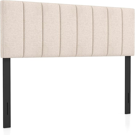 Giantex Linen Upholstered Headboard, Adjustable Width Vertical Channel Tufting Headboard Only with Solid Wood Legs, Attach Frame, Rectangular Headboards for Queen Full Bed, Beige