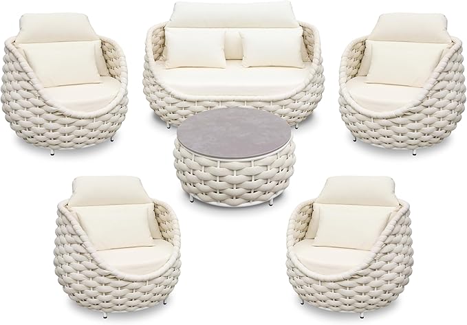 Sunroom Furniture Sets: 6 Pieces Aluminum Woven Rope Patio Conversation Sofa Set Cushioned - Modern Outdoor Couch Set No Assembly - Armchair Set Porch Deck Garden Poolside Gazebo Hotel - Beige