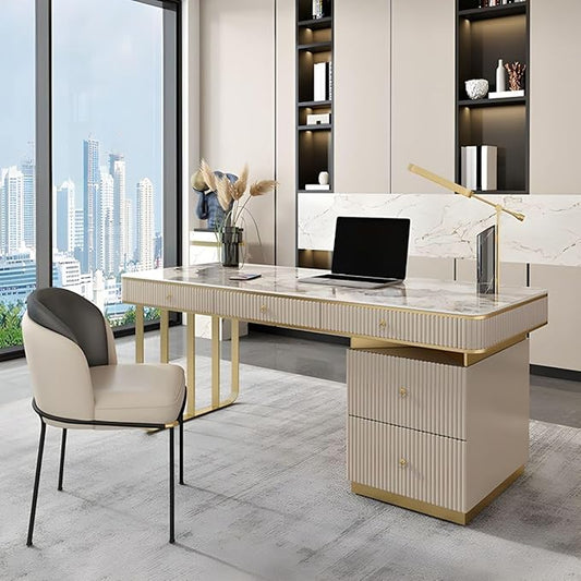 RUNNUP Stone top Computer Desk with 5 Drawers, Rectangular Home Computer Desk Writing Desk, Modern Executive Desk, Without Chairs, Khaki, 63" L x 23.5" W x 29.5" H