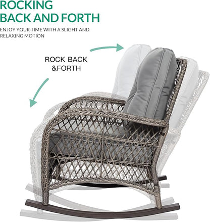 VIVIJASON 7-Piece Outdoor Patio Wicker Conversation Sets, All Weather Outdoor Rattan Furniture Set Includes Glider Loveseat, 2 Rocking Chairs, 2 Glider Rocker Chairs, 2 Coffee Table, Grey