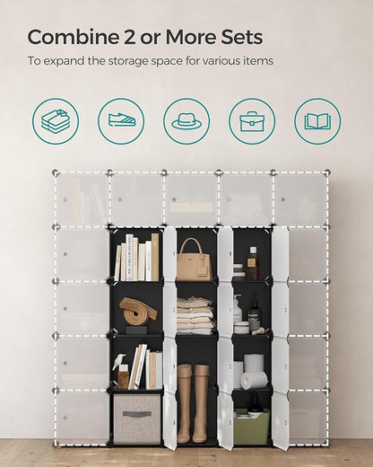 SONGMICS Cube Storage Organizer, Set of 16 Plastic Cubes, Closet Storage Shelves, DIY Plastic Closet Cabinet, Modular Bookcase, Shelving with Doors for Bedroom, Living Room, Black and White ULPC44HS