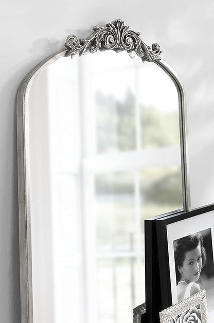 Kate and Laurel Arendahl Traditional Arch Mirror, 24 x 36, Antique Silver, Baroque Inspired Wall Decor