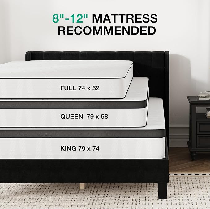 Novilla Queen Size Bed Frame, Queen Bed Frame with Headboard, Velvet Upholstered Pull-Point Wing Side Headboard, No Box Spring Needed, Heavy Duty Feet, Easy Assembly, Black Velvet