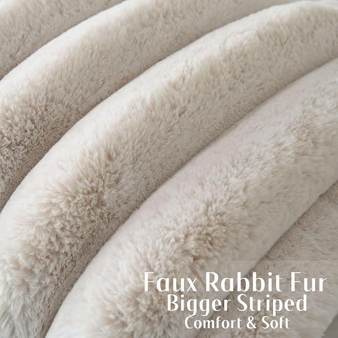 FUTEI Beige Decorative Throw Pillow Covers 26x26 Inch Set of 2, Square Soft Faux Rabbit Fur Thick Striped Euro Pillow Shams,Winter Home Decor for Couch Bed Living Room