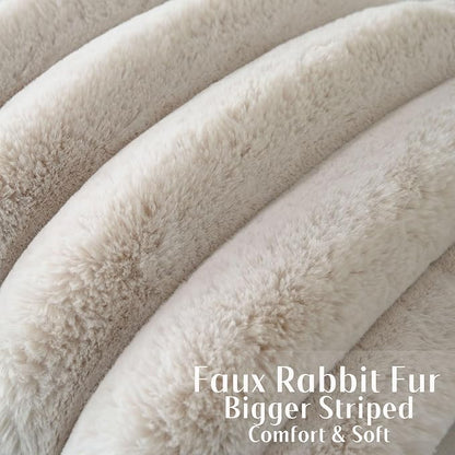 FUTEI Beige Decorative Throw Pillow Covers 12x20 Inch Set of 2, Square Soft Faux Rabbit Fur Thick Striped Lumbar Pillow Case,Winter Home Decor for Couch Bed Living Room