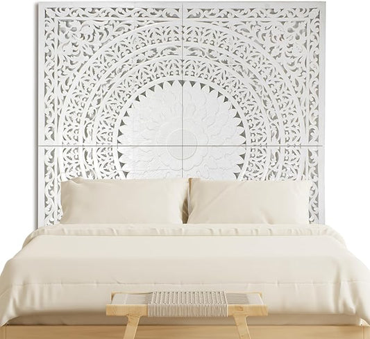 Wood Headboard Rustic | Carved Full Headboard Only | Wooden Headboard Full Size Bed | Wall Mount Headboard King or Queen | Full Bed Headboard Panels (Seruni White, California King)