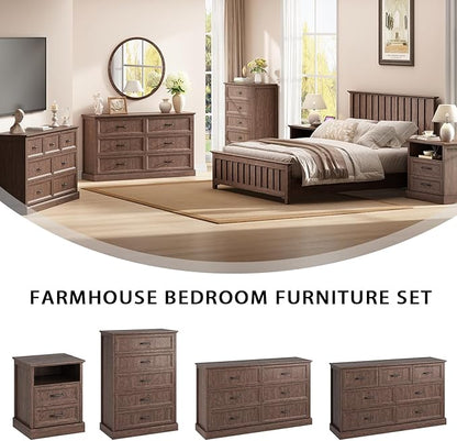 Farmhouse 7 Drawer Dresser for Bedroom, 55 Inch Wide Modern Brown Dresser TV Stand with Large Drawers & Bar Handles, Rustic Wood Chest of Drawers for Bedroom