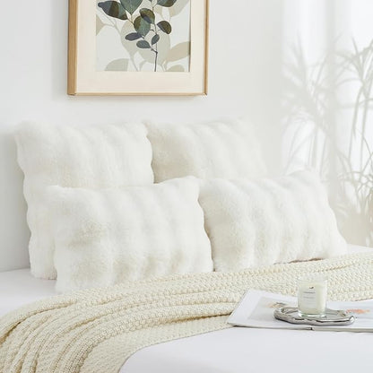 FUTEI Cream White Decorative Throw Pillow Covers 16x16 Inch Set of 2,Soft Fuzzy Faux Rabbit Fur Cushion Covers with Raised Texture,Neutral Boho Home Decor for Couch Bed Living Room