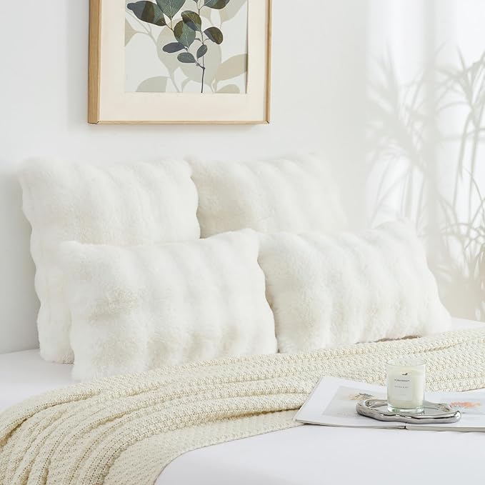 FUTEI Cream White Decorative Throw Pillow Covers 20x20 Inch Set of 2,Soft Fuzzy Faux Rabbit Fur Cushion Covers with Raised Texture,Neutral Boho Home Decor for Couch Bed Living Room
