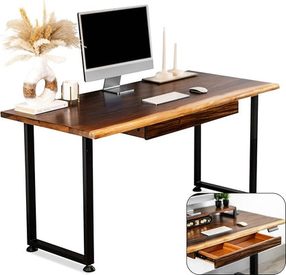 Wood Computer Desk with Drawer - 48x27 Solid Wood Desk, Live Edge Walnut Desk, Sturdy Metal Legs - Scratch and Stain Resistant Finish - Premium Quality