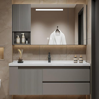 56IN Suspended Bathroom Cabinet Combo Set - Fully Functional LED Mirror with Smart Defogging & Time Display | Bathroom Vanity with Sink,Side Cabinet Storage Compartment (Style A)