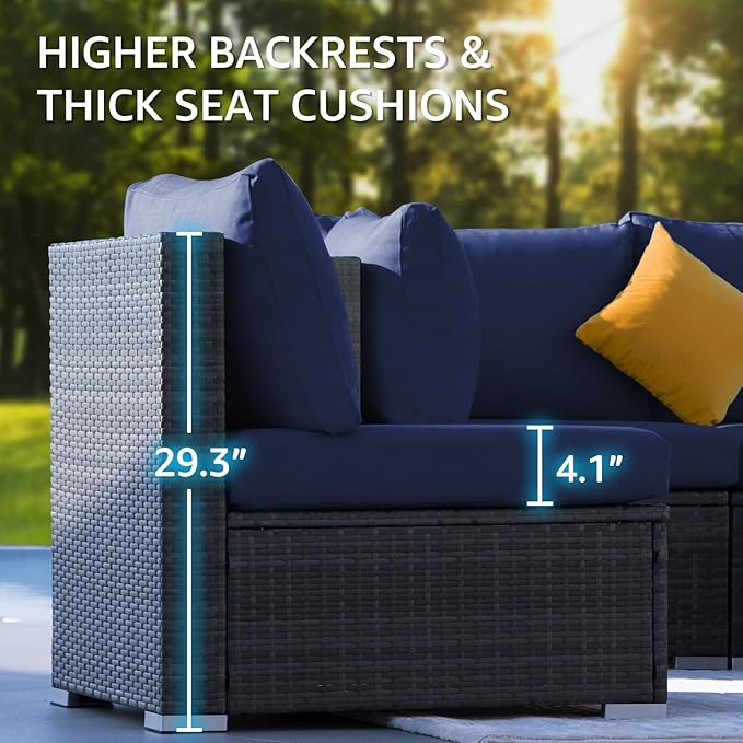 NICESOUL 11 Piece High-End Outdoor Furniture Set, 29.3'' High Back XL Big Size Wicker Patio Sectional, Wide Deep Comfy Conversation Sofas for Garden Deck Backyard Porch, 2 Color Cushion Navy & Grey