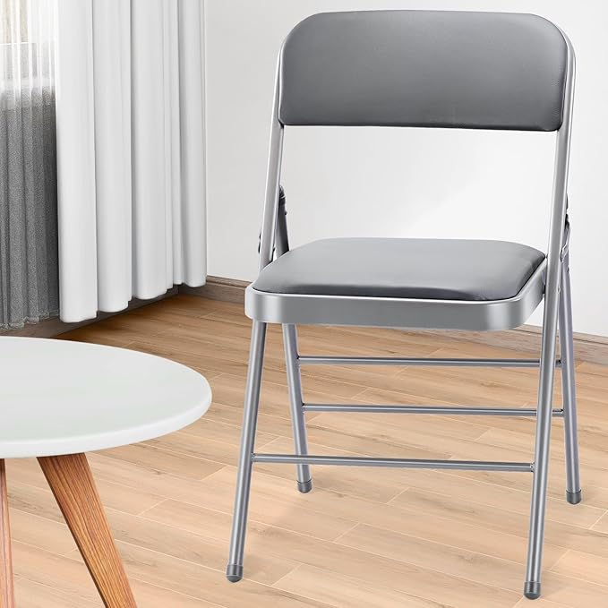cyclone sound 2 Pack Folding Chairs with PU Padded Cushion and Back, Commercial Grade Metal Chairs with Comfortable PU Leather Cushion for Home and Office, for Indoor and Outdoor Events (2, Gray-PU)