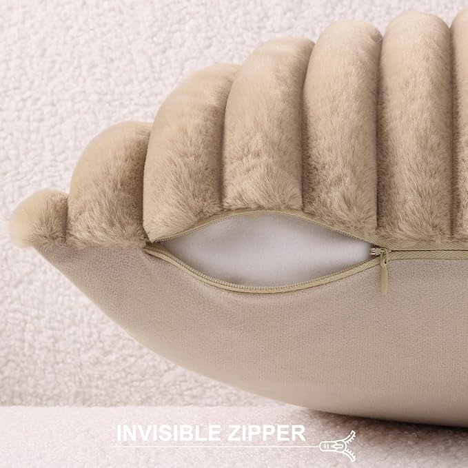 Pallene Faux Fur Plush Throw Pillow Covers 16x16 Set of 2, Luxury Soft Fluffy Striped Decorative Pillow Covers for Sofa, Couch, Living Room, Khaki