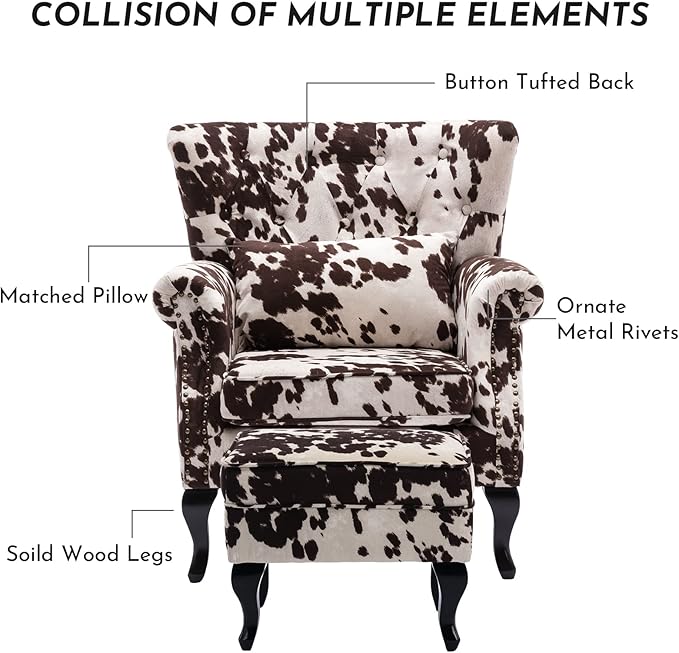 Accent Reading Arm Chairs with Ottoman for Living Room Bedroom, Midcentury Modern Comfy Corner Sofa Chair, Wingback Waiting Room Club Chair with Button Tufted Back &Lumbar Pillow, Fabric Cow