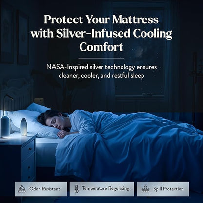 Miracle Made Mattress Protector – Silver-Infused Cotton Fabric – Water-Resistant, Thermoregulating Cover for Sensitive Skin – Compatible with 3-Temperature Zone Comforter, Queen, White
