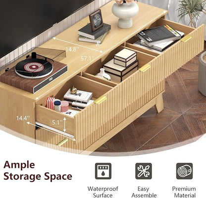 Fluted Dresser for Bedroom,9 Drawer Dresser for Closet,57" Wide Storage Cabinet and Chest of Drawers with Gold Handle,TV Stand,Storage Organizer for Living Room,Hallway,Entryway,Natural Oak