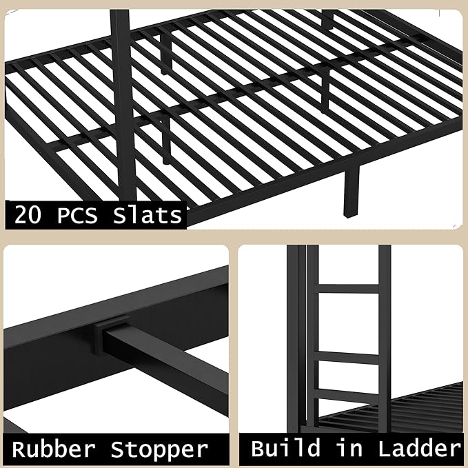 Bellemave Queen Over Queen Bunk Bed for Adults, Queen Size Bunk Beds Frame with 2 Side Ladder and Full Length Guardrail, Easy Assemble Bunkbeds, Noise Reduced, Mattress Not Included, Black