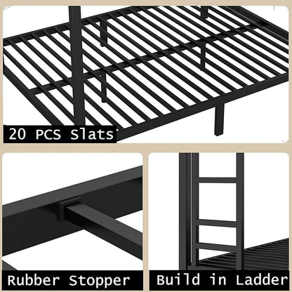 Bellemave Queen Over Queen Bunk Bed for Adults, Queen Size Bunk Beds Frame with 2 Side Ladder and Full Length Guardrail, Easy Assemble Bunkbeds, Noise Reduced, Mattress Not Included, Black