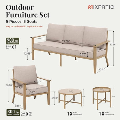5-Piece Outdoor Patio Furniture Set, Steel Sectional Patio Conversation Sets, All-Weather Outdoor Furniture Sets with Waterproof Thick Cushions for Porch, Garden, Backyard, Deck-Beige