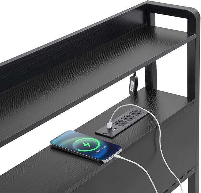 VEVOR Headboard for King Size Bed, Adjustable Height Headboard with 2 Shelves Storage, Freestanding Head Board with Charging Station and LED Light for Different Bed Frames, Easy Assembly, Black
