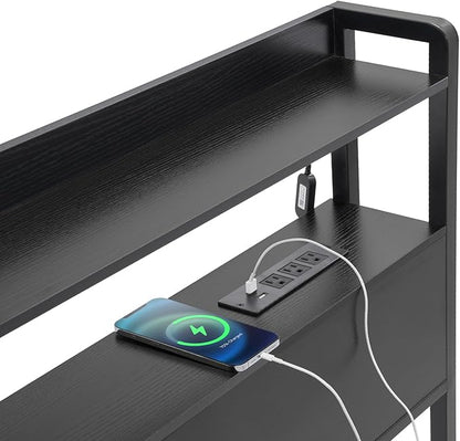VEVOR Headboard for King Size Bed, Adjustable Height Headboard with 2 Shelves Storage, Freestanding Head Board with Charging Station and LED Light for Different Bed Frames, Easy Assembly, Black
