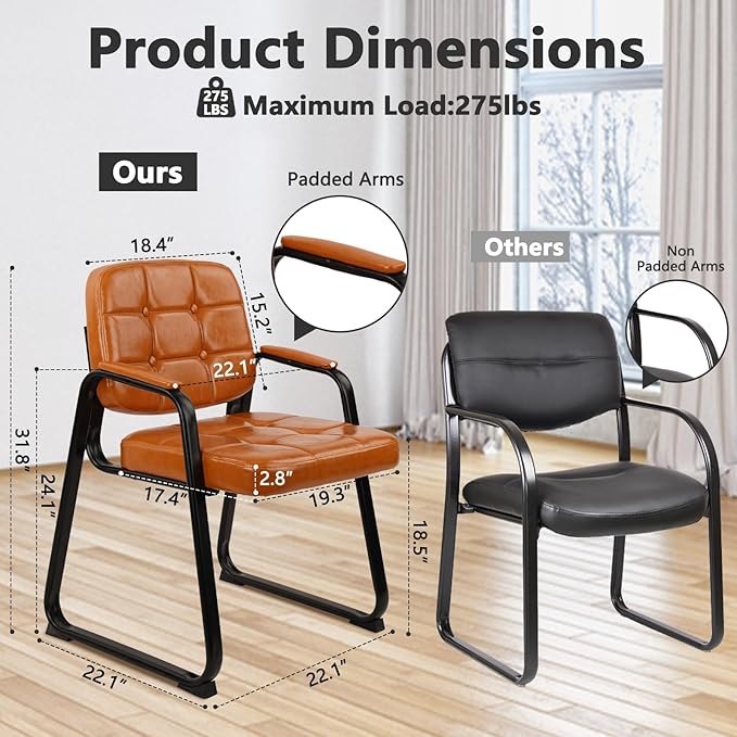 CLATINA Waiting Room Chairs with Padded Arms Leather Guest Chair no Wheels for Office Reception and Conference Desk with Sled Base Orange