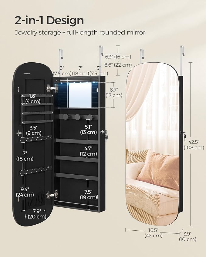 SONGMICS Jewelry Organizer, LED Jewelry Cabinet Wall/Door Mounted, Lockable Rounded Wide Mirror with Storage, Christmas Gift 3.9 x 16.5 x 42.5 Inches, Black Surface with Black Lining
