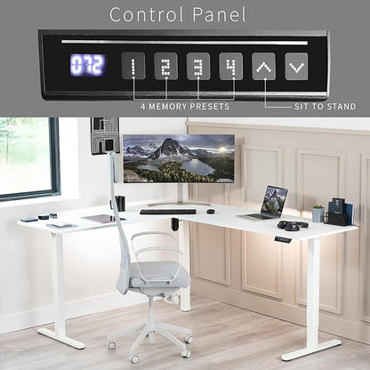 VIVO Corner Standing Desk, 75 x 63 inch Reversible L-Shaped Workstation, Electric Height Adjustment, Home, Office, and Reception Rooms, White Table Top White Frame, DESK-E3CTW-75