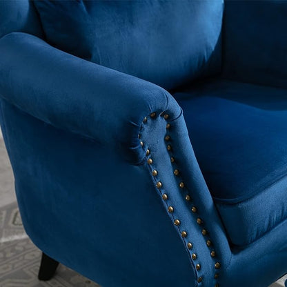 chairus Mid-Century Modern Accent Chairs with Ottoman Set of 2, Comfy Velvet Single Sofa Chair Button Tufted Wingback Armchairs with Pillow for Living Room/Bedroom/Club - Blue