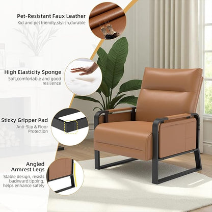 Faux Leather Accent Chairs Set of 2 with Flip Up Tray Tables Soft Backrest for Living Room Office Bedroom Modern Accent Chairs, Brown