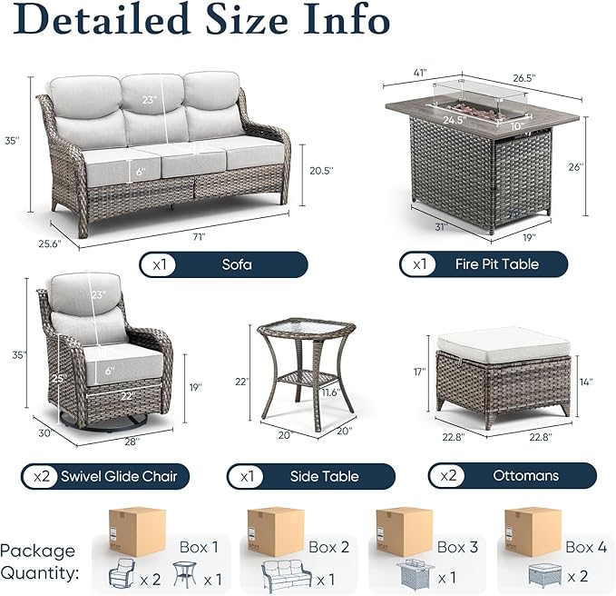 Belord Luxury 6" Thick Cushioned 7 Pieces Patio Furniture Set with Fire Pit Table, Wicker Outdoor Conversation Set with High Back Swivel Rocker Chairs for Deck Porch Yard and Poolside - Grey+Beige