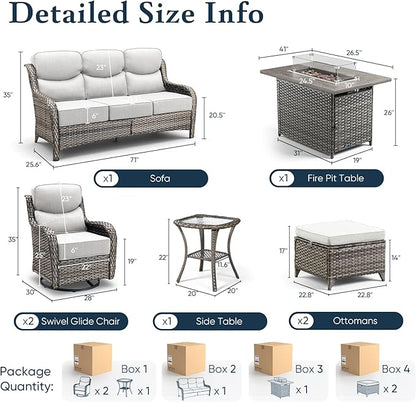 Belord Luxury 6" Thick Cushioned 7 Pieces Patio Furniture Set with Fire Pit Table, Wicker Outdoor Conversation Set with High Back Swivel Rocker Chairs for Deck Porch Yard and Poolside - Grey+Beige