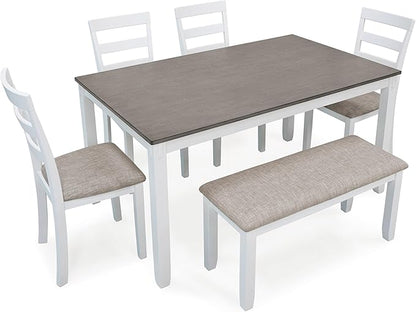 Signature Design by Ashley Stonehollow Casual Rectangular Dining Room Table Set with 4 Chairs and Bench, Set of 6, Foam Cushions, Wood, White and Gray