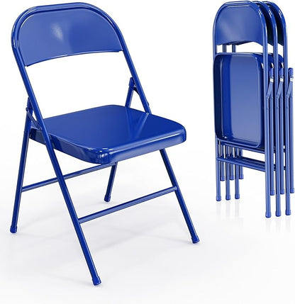 VINGLI Folding Chairs All Steel Metal Frame, Capacity 350 lbs, Durable Portable and Versatile for Indoor Outdoor Use, Navy Blue, Set of 4
