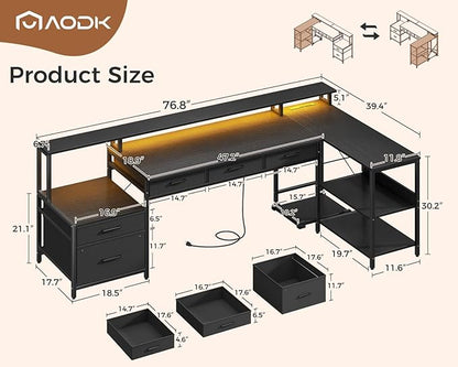 AODK L Shaped Desk with 5 File Drawers, 75" Reversible L Shaped Computer Desk with Power Outlet & LED Strip, Office Desk with Storage Shelves, Gaming Table with Monitor Shelf, Corner Table, Black
