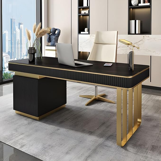 RUNNUP Stone top Computer Desk with 5 Drawers, Rectangular Home Computer Desk Writing Desk, Modern Executive Desk, Without Chairs, Black, 63" L x 23.5" W x 29.5" H