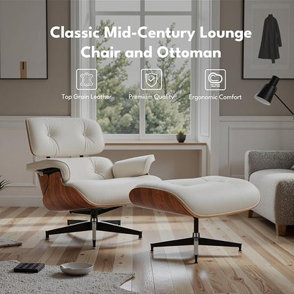 Top Grain Leather, Mid Century Chaise Lounge Chair and Ottoman, Modern Chair Classic Design, Heavy Duty Base Support for Living Room Study Lounge Office, Palisander-White