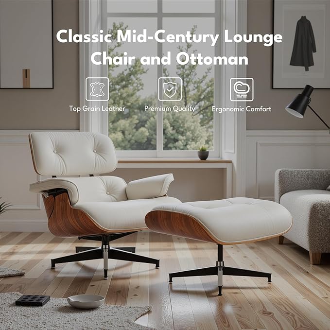 Top Grain Leather, Mid Century Chaise Lounge Chair and Ottoman, Modern Chair Classic Design, Heavy Duty Base Support for Living Room Study Lounge Office, Palisander-White, Heightening