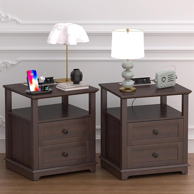 HIFYOBRO Large End Table Set of 2, 2 Drawers and Charging Station, Type-C & USB Port & Power outlets, Wooden End Table, Side Table with Storage for Living Room and Bedroom (Espresso)