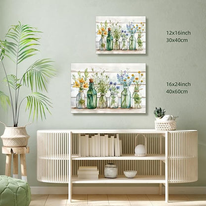 HLXRAE Green Bathroom Wall Art, Vintage Rustic Farmhouse Wall Decor, Watercolor Floral Canvas Painting, Sage Green Plant Aesthetic Picture for Bathroom Laundry Room Decor 12x16 inch