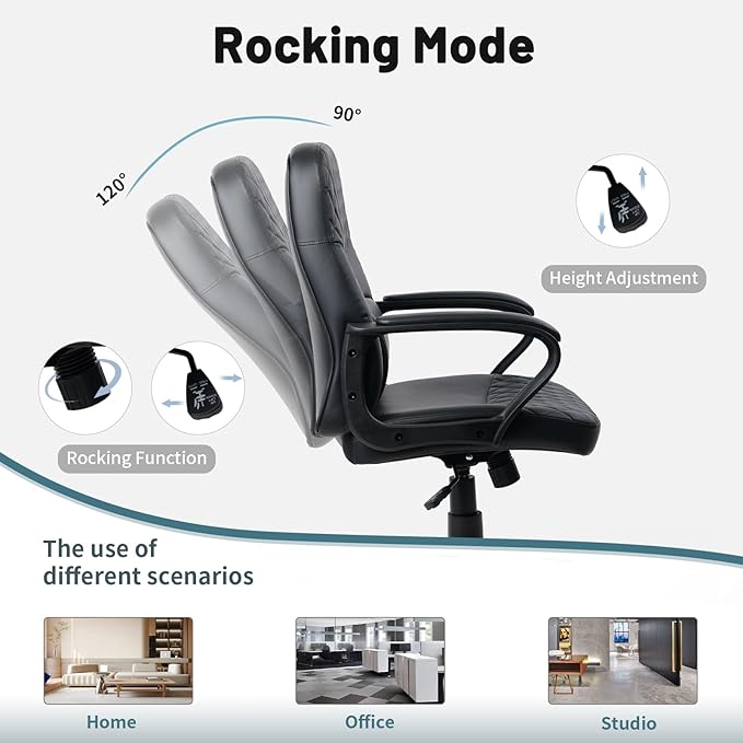 CLATINA Office Chair - Mid Back Leather Computer Desk Chairs with Wheels, Ergonomic Executive Swivel Stool with Lumbar Support, Armrest for Home Office, Black