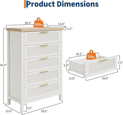 GarveeHome Fluted 5 Drawer Tall Dresser for Bedroom, 42.9 in Chest of Drawers, Wooden Dresser Chest with Clothes Storage Cabinet, Drawer Organizer, TV Stand for Bedroom, Living Room, Hallway, White