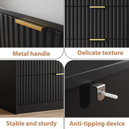 3-Piece Dresser Bedroom Set, 9 Drawer Dresser & 3 Drawer Nightstands with Gold Handles, Fluted Wood Chest of Drawers for Bedroom, Living Room, Entryway, Black