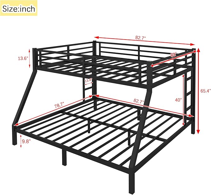 Bellemave Queen Over King Bunk Bed for Adults, Queen Over King Bunk Beds Frame with 2 Side Ladder and Full Length Guardrail, Easy Assemble Bunkbeds, Noise Reduced, Mattress Not Included, Black
