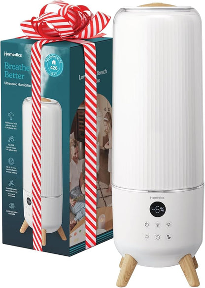Homedics Ultrasonic Humidifier - Large Deluxe Air Humidifiers for Bedroom, Plants, Office - Top-Fill 1.47-Gallon Tank, Cool Mist, Essential Oil Pads and Built-In Timer, 3 Speed Settings, White
