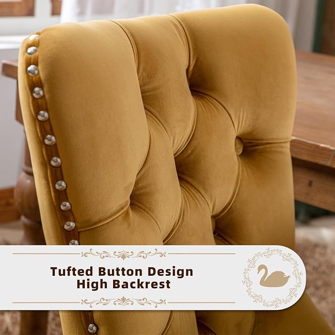 Velvet Upholstered Dining Chairs Set of 6, Modern Style Kitchen Side Chairs with Nailhead Trim and Wood Legs,Metal Pulling Ring for Dining Room Living Room(Gold,Set of 6)
