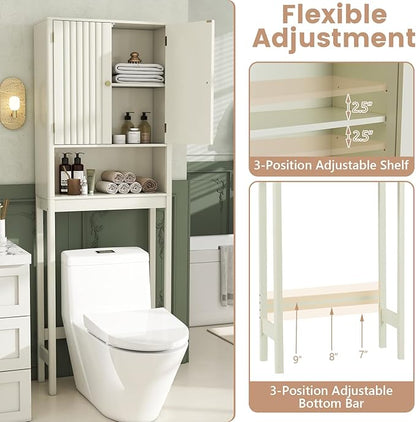 Tangkula Over The Toilet Storage Cabinet, Bathroom Space Saver with Fluted Doors Adjustable Shelf & Bottom Bar, Freestanding Above Toilet Storage Cabinet Organizer for Laundry, Restroom (Cream White)